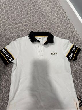Hugo Boss White Polo with Black Collar and Yellow Accents